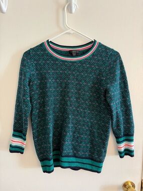 J. Crew Teal Geometric Crewneck Sweater with Striped Trim